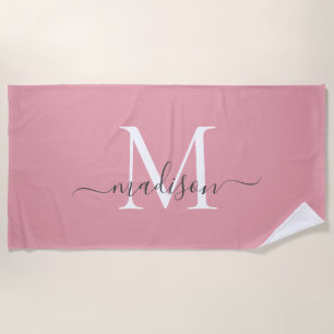 Elegant Blush Pink Monogram Feminine Gray Script Beach Towel