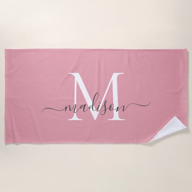 Elegant Blush Pink Monogram Feminine Grey Script Beach Towel (Front)