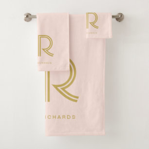 Elegant blush pink monogram name bath towel set
