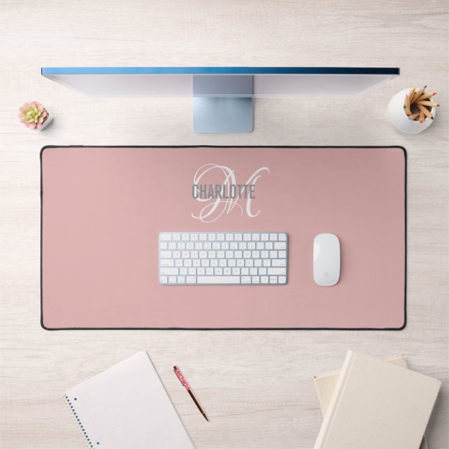 Elegant blush pink monogram name desk mat (Office 1)