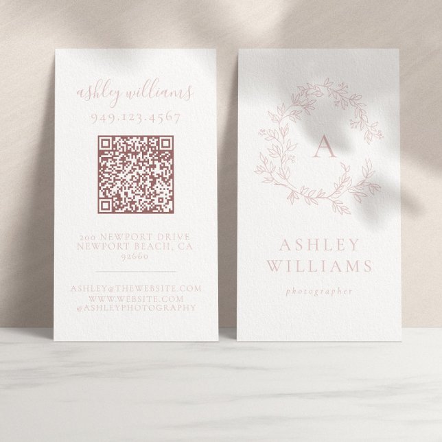 Elegant Blush Pink Monogram QR Code Floral Crest  Business Card (Creator Uploaded)