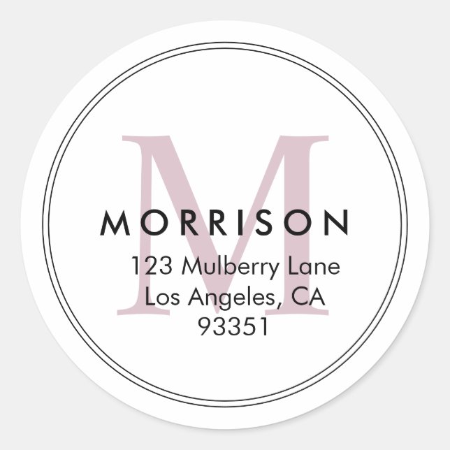 Elegant Blush Pink Monogram Return Address Classic Round Sticker (Front)