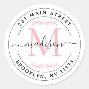 Elegant Blush Pink Monogram Wreath Return Address Classic Round Sticker