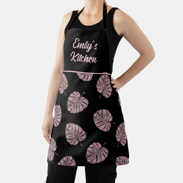 Elegant Blush Pink Monstera Leaf Black Kitchen Apron (Insitu)
