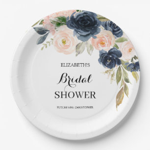 Elegant Blush Pink Navy Blue Floral Bridal Shower Paper Plate