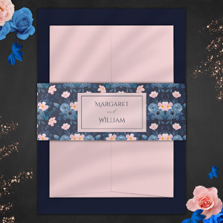 Elegant Blush Pink & Navy Blue Floral Wedding Invitation Belly Band