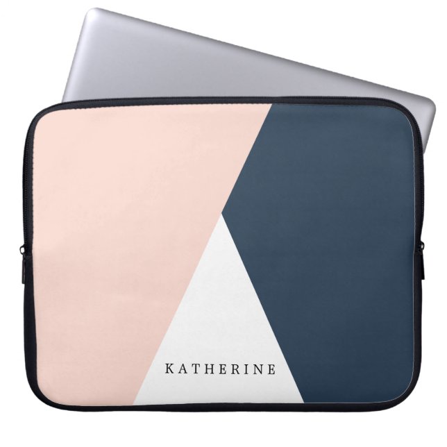 Elegant blush pink & navy blue geometric triangles laptop sleeve (Front)