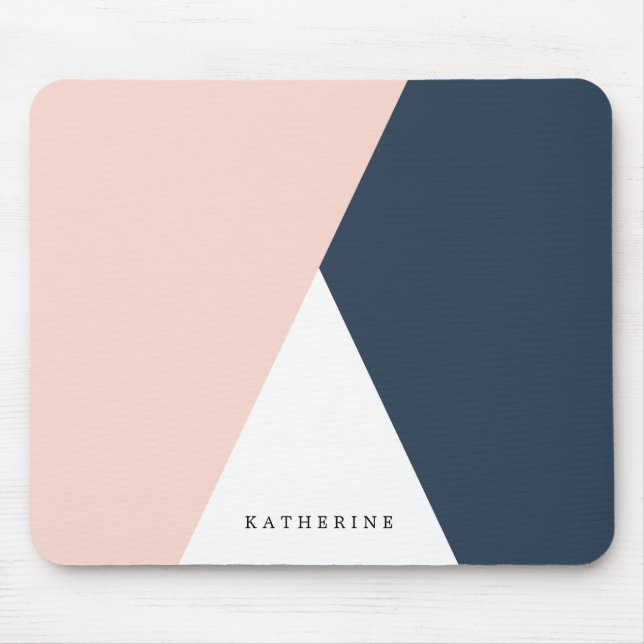 Elegant blush pink & navy blue geometric triangles mouse pad (Front)
