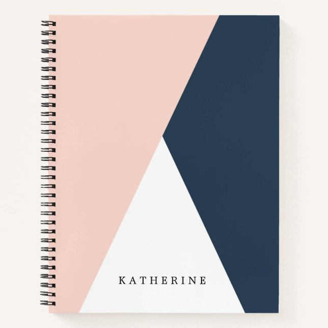 Elegant blush pink & navy blue geometric triangles notebook (Front)