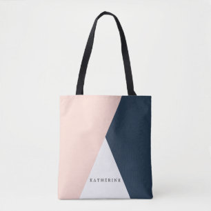 Elegant blush pink & navy blue geometric triangles tote bag