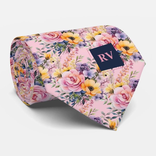 Elegant Blush Pink Navy Blue Watercolor Flowers Tie (Rolled)