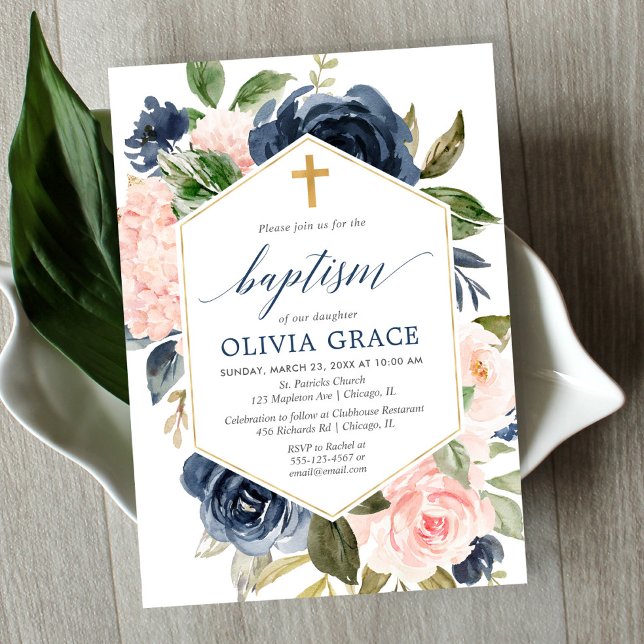 Elegant blush pink navy girl baptism floral invitation (Creator Uploaded)