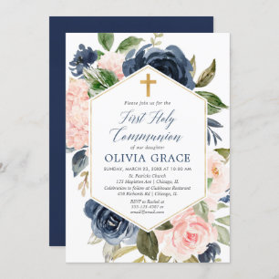 Elegant blush pink navy girl first holy communion invitation