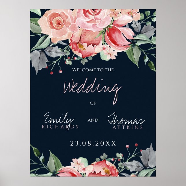 Elegant Blush Pink Navy Script Wedding Poster (Front)