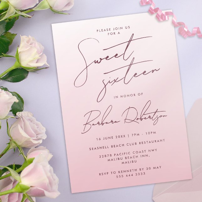 Elegant Blush Pink Ombre Script Sweet Sixteen Invitation (Blush pink invitation with title "sweet sixteen" in modern script)