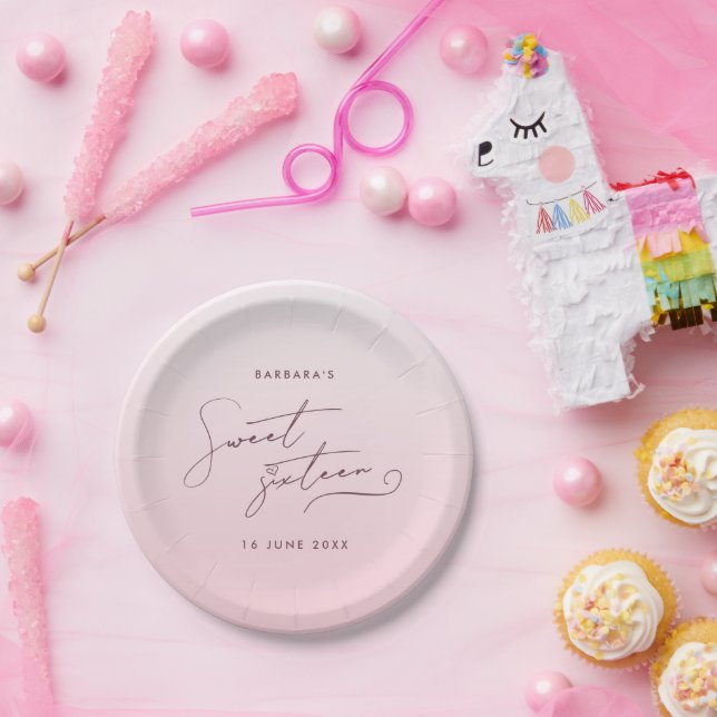 Elegant Blush Pink Ombre Script Sweet Sixteen Paper Plate (Party)