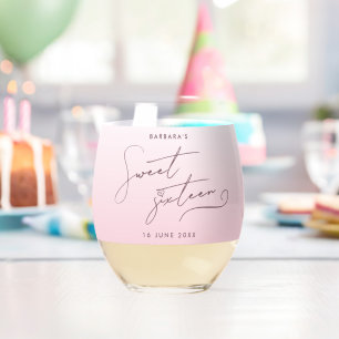 Elegant Blush Pink Ombre Script Sweet Sixteen Stemless Wine Glass