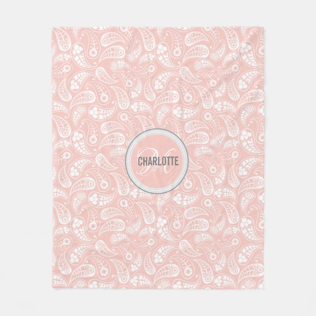 elegant blush pink paisley monogram name fleece blanket (Front)