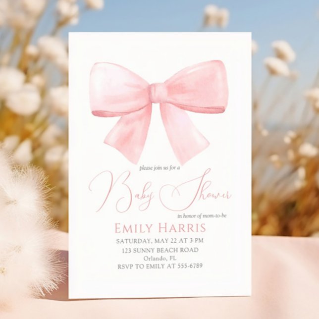 Elegant Blush Pink Pastel Bow Girl Baby Shower Invitation (Creator Uploaded)