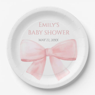 Elegant Blush Pink Pastel Bow Girl Baby Shower Paper Plate