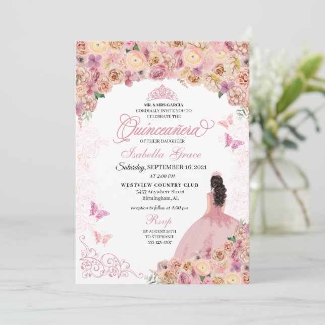 Elegant Blush Pink Peach Floral Quinceanera Invitation (Standing Front)