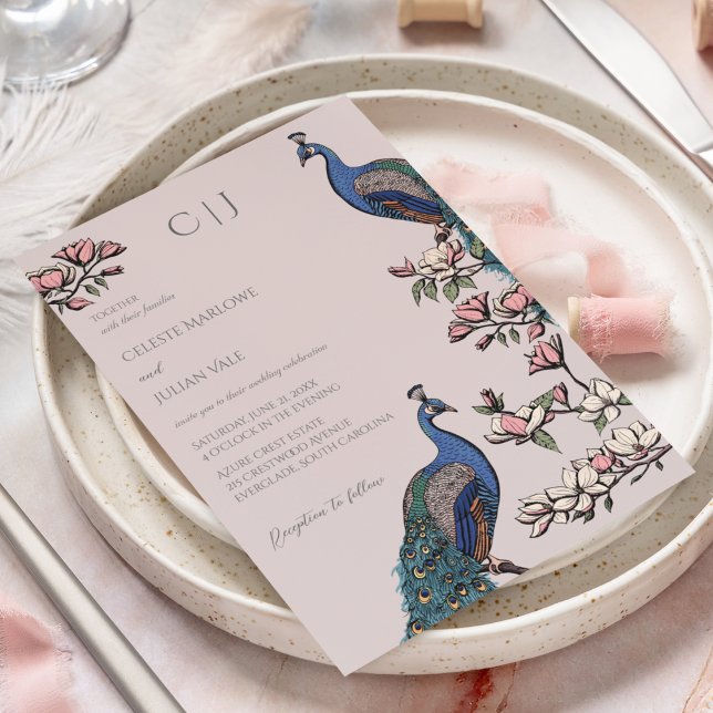 Elegant Blush Pink Peacock and Flowers Wedding Invitation (Rustic Blush Pink Wedding Invitations. Hand-Drawn Blue & Teal Peacocks Perched on Magnolia Branches.)
