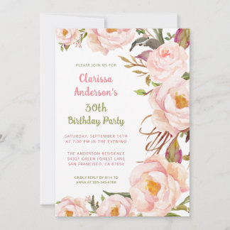 Elegant Blush Pink Peony 30th Birthday Invitation