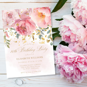 Elegant  Blush Pink Peony Floral 80th Birthday  Invitation