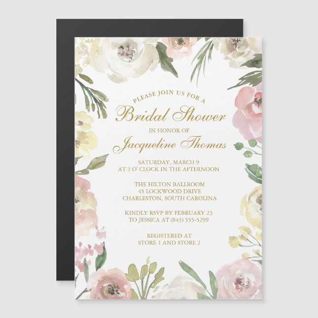 Elegant Blush Pink Peony Floral Gold Bridal Shower Magnetic Invitation (Front/Back)