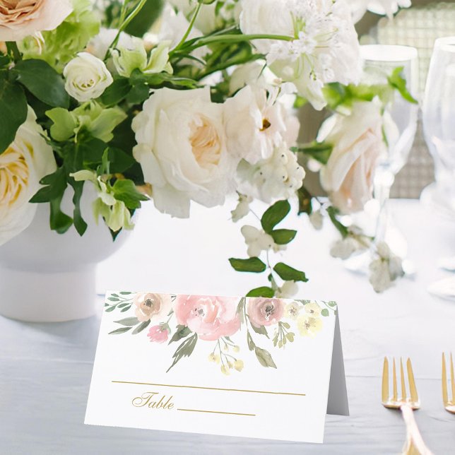 Elegant Blush Pink Peony Floral Gold Script Place Card (Creator Uploaded)