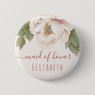 Elegant Blush Pink Peony Floral Maid of Honour 6 Cm Round Badge