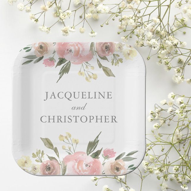 Elegant Blush Pink Peony Floral Spring Wedding Paper Plate (Creator Uploaded)