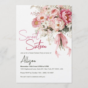 Elegant Blush Pink Peony Floral Sweet Sixteen Invitation