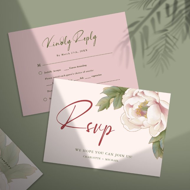 Elegant Blush Pink Peony Floral Wedding RSVP Card (Creator Uploaded)
