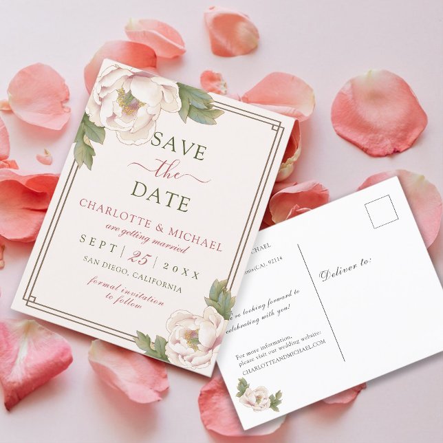 Elegant Blush Pink Peony Rose Floral Save the Date Postcard (Creator Uploaded)