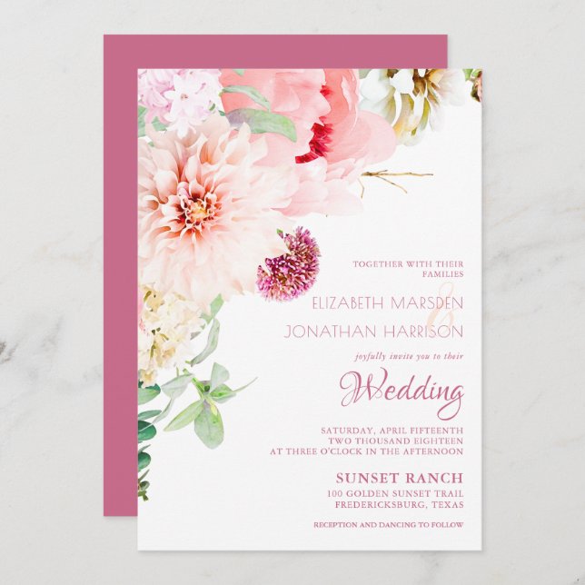 Elegant Blush Pink Peony White Floral Wedding Invi Invitation (Front/Back)