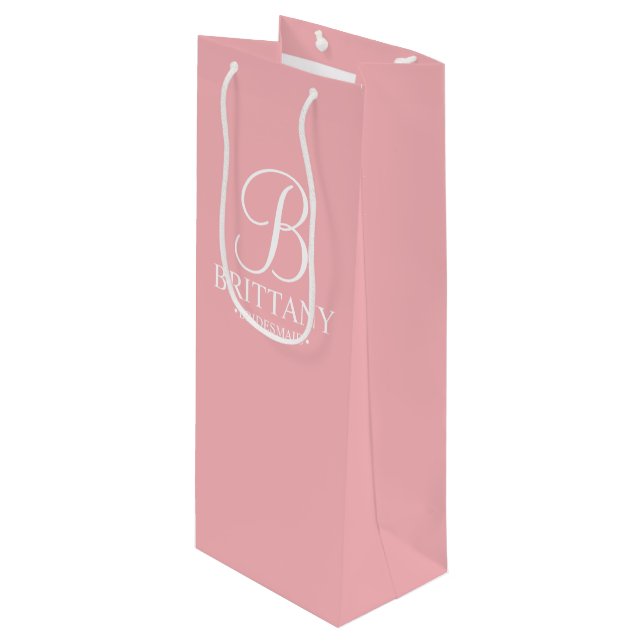 Elegant Blush Pink Personalised Bridesmaid Wine Gift Bag (Front Angled)