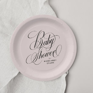 Elegant blush pink personalized baby shower paper plate