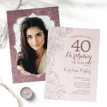 Elegant Blush Pink Photo 40th Birthday Party Invitation<br><div class="desc">Elegant Blush Pink Mauve Photo 40th Birthday Party Invitation. Minimalist modern design featuring botanical outline drawings accents and typography script font. Simple trendy invite card perfect for a stylish female bday celebration. Can be customised to any age. Printed Zazzle invitations or instant download digital printable template.</div>