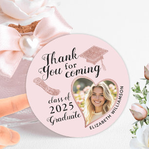 Elegant Blush Pink Photo Graduation Thank You Classic Round Sticker