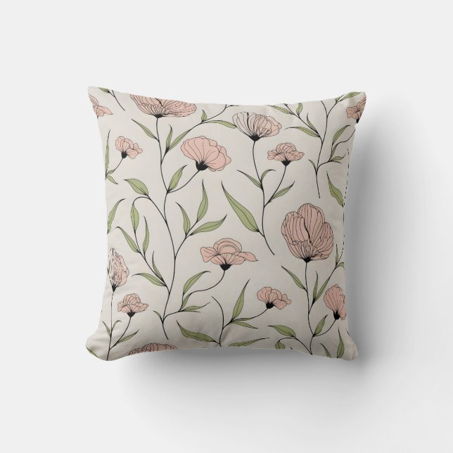 Elegant Blush Pink Poppies Floral Pattern Cushion (Front)