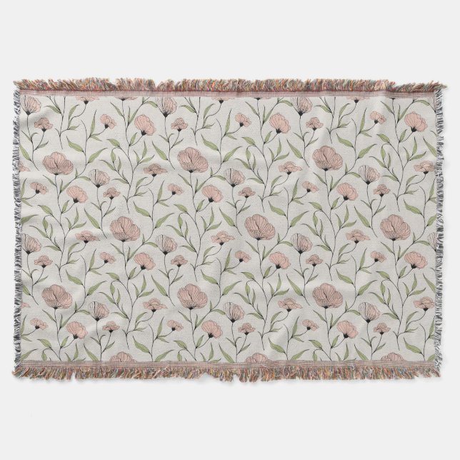 Elegant Blush Pink Poppies Floral Pattern Throw Blanket (Front)