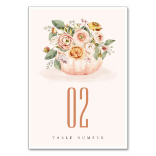 Elegant Blush Pink Pumpkin Floral Watercolor Table Number