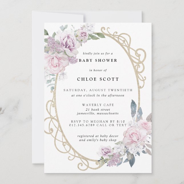 Elegant Blush Pink Purple Floral Baby Shower Invitation (Front)