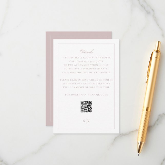 Elegant Blush Pink QR Code Wedding Details Enclosure Card (Front/Back In Situ)
