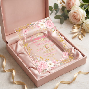 Elegant Blush Pink Quinceañera Golden Butterfly Acrylic Invitations