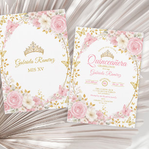 Elegant Blush Pink Quinceañera Golden Butterfly  Invitation
