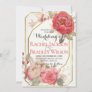 Elegant Blush Pink Red Peony Wedding Gold Frame  Invitation
