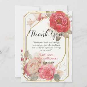 Elegant Blush Pink Red Peony Wedding Gold Frame  Thank You Card