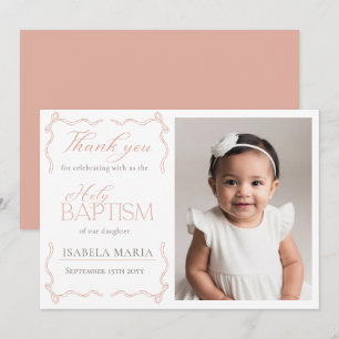 Elegant Blush Pink Ribbon Photo Baptism Thank You Card